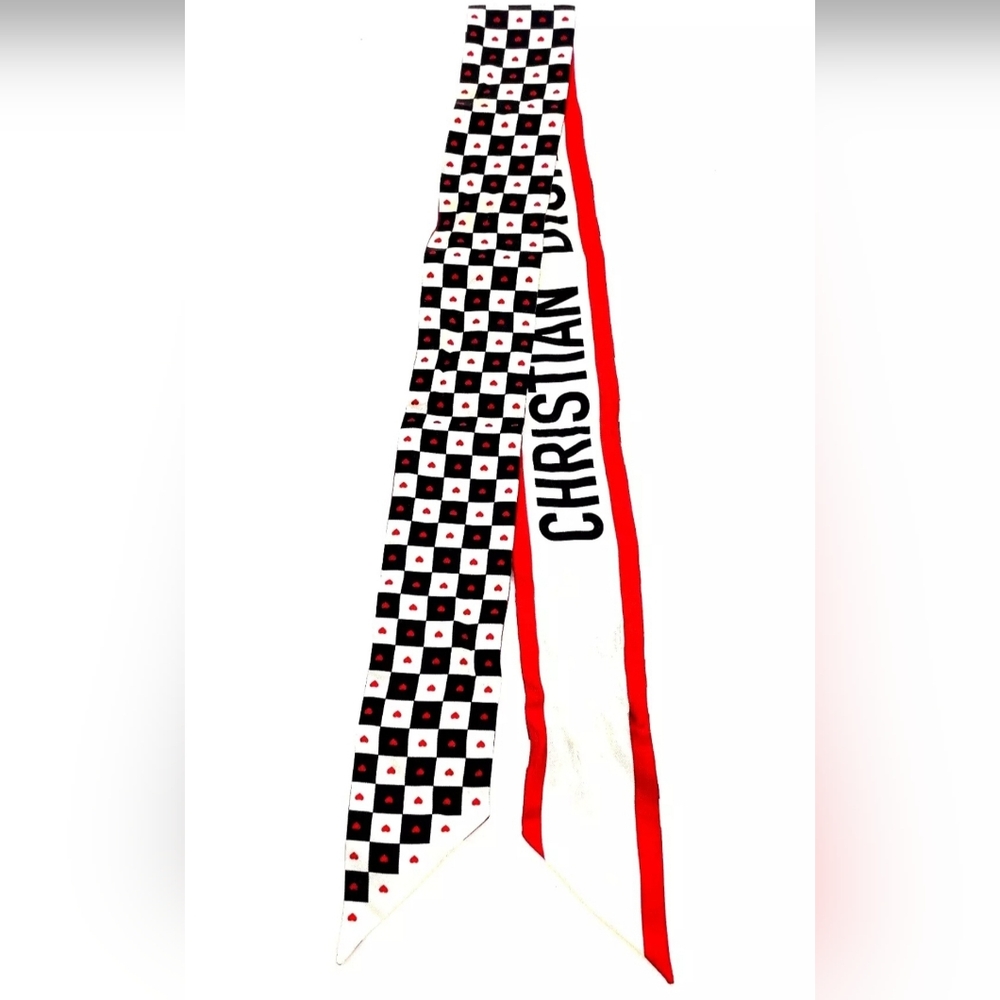 Dior Black & White Checkerboard Silk Scarf with Red Trim